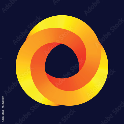 Three circles in impossible figure. Complexity geometric illusion in orange colors.