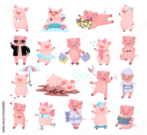 Funny Pink Pig Character Engaged in Different Activity Big Vector Set