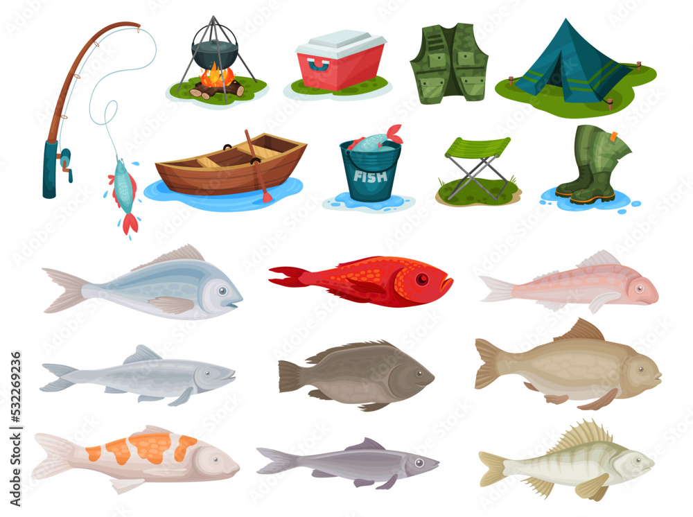 Fishing Equipment with Rod, Boat, Chair, Tent, Vest, Boots and Bucket Big Vector Set Fishing Equipment with Rod, Boat, Chair, Tent, Vest, Boots and Bucket Big Vector Set