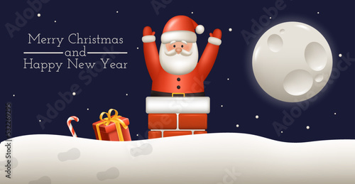 Santa Claus was stuck in the chimney with gifts. Holiday banner, web poster, greeting card. Realistic vector illustration.	