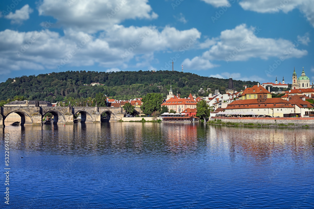 Charles bridge over Vltava river in Prague landscape Czech republic