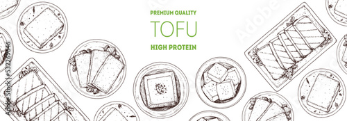 Tofu top view frame. Hand drawn vector illustration. Tofu sketch. Asian food. Soybean sketch. Tofu cooking. Vegan food. Vintage design template. Product design. Great for packaging, recipe book, menu.