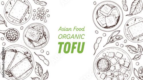 Tofu top view frame. Hand drawn vector illustration. Tofu sketch. Asian food. Soybean sketch. Tofu cooking. Vegan food. Vintage design template. Product design. Great for packaging, recipe book, menu.