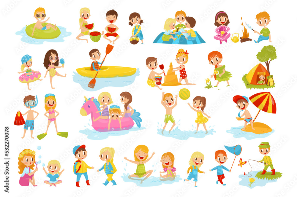 Little Kids Enjoying Summer Vacation Engaged in Different Beach and Seaside Activity Big Vector Set Little Kids Enjoying Summer Vacation Engaged in Different Beach and Seaside Activity Big Vector Set