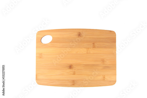 kitchen utensils concept - wooden cutting board isolated on white background flat lay