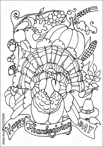 Coloring page. Happy thanksgiving day. Thanksgiving turkey, autumn harvest from the horn of plenty. Coloring book for kids, adults. Hand drawn Vector illustration