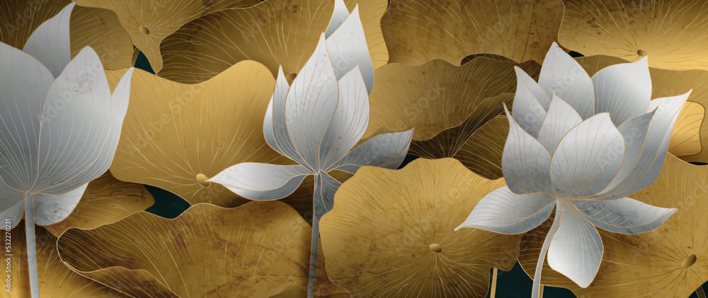 Art background with leaves and lotus flowers in gold and white color in line style. Botanical banner in oriental style for wallpaper design, print, wall art, textile, packaging, decor. - obrazy, fototapety, plakaty 