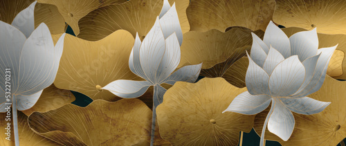 Art background with leaves and lotus flowers in gold and white color in line style. Botanical banner in oriental style for wallpaper design, print, wall art, textile, packaging, decor.