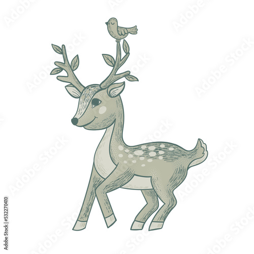 Cute deer in scandinavian style. Funny forest animal. Deer with a bird on the horns. Character doe for children s test. Vector illustration.
