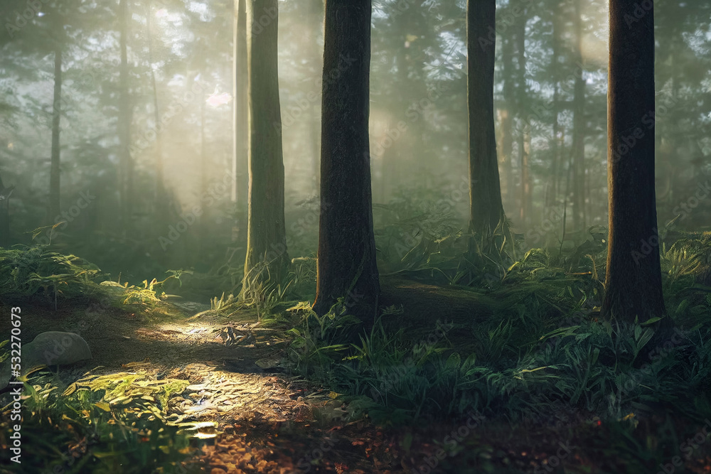 Magical fairytale forest. Coniferous forest covered of green moss. Mystic atmosphere.