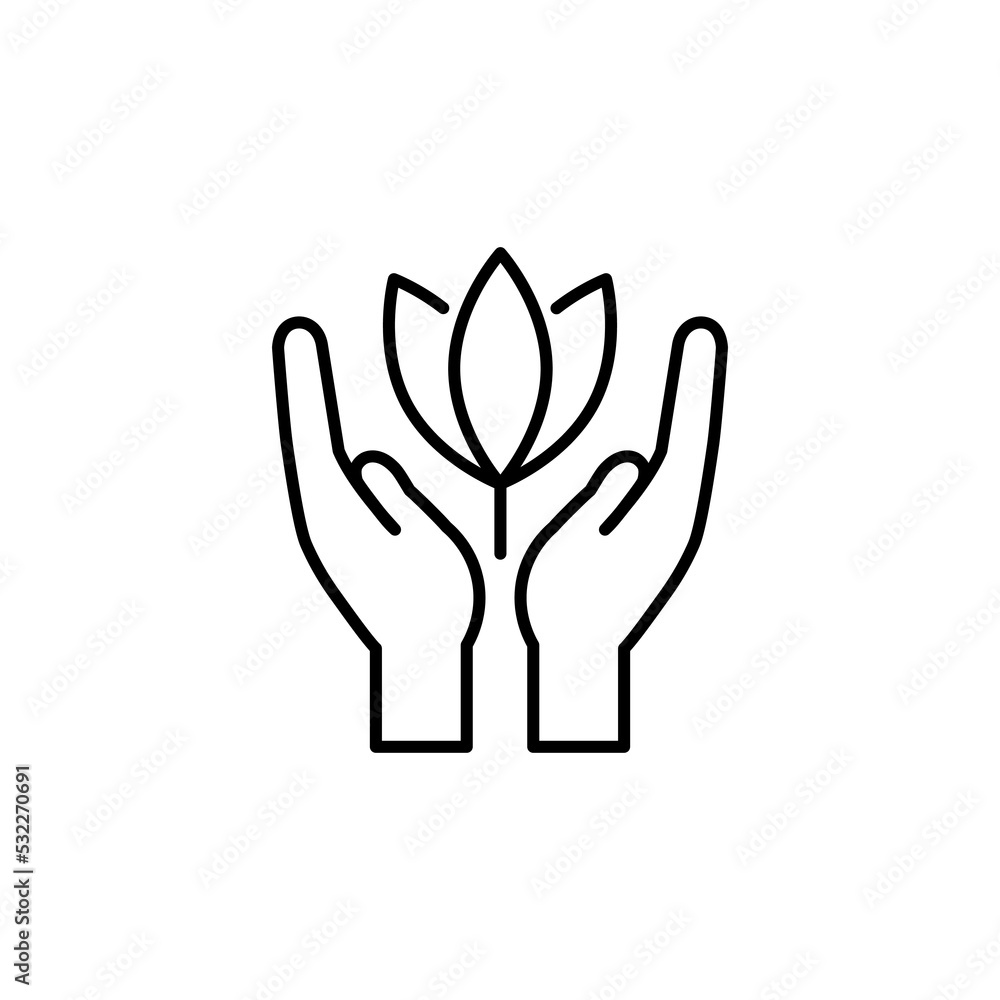Isolated black outline icon of plant in hands on white background. Line icon of leaf and hands. Symbol of care, protection, charity. eps 10 Isolated black outline icon of plant in hands on white background. Line icon of leaf and hands. Symbol of care, protection, charity. eps 10