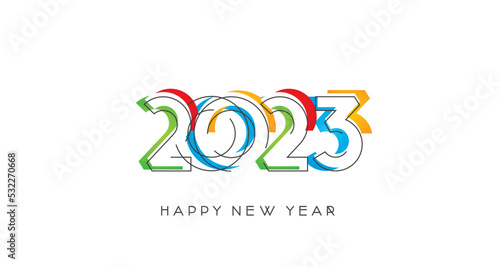 2023 Happy New Year modern trendy line design numbers with abstract colorful shapes on white isolated background