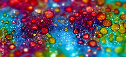 A close up of a colorful background with water drops. Great for composition and design background. Colourful paint, glitter, oil, water textured wallpaper. Macro. render .