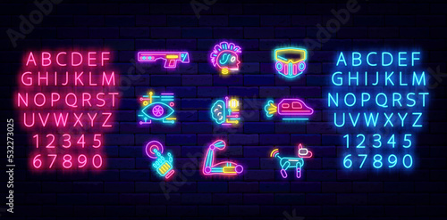 Cyberpunk neon icons collection. Weapon and robotic arm. Shiny pink and blue alphabet. Vector stock illustration
