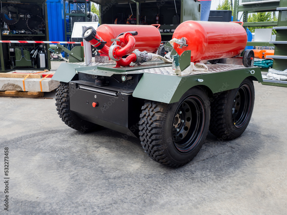 Modern fire fighting equipment. Barrel fire monitor. Unmanned equipment