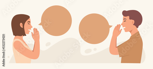 Man and woman speak to each other with blank speech bubbles isolated on background. Template for presentation, advertising, announcement, banner. Flat vector illustration cartoon character.