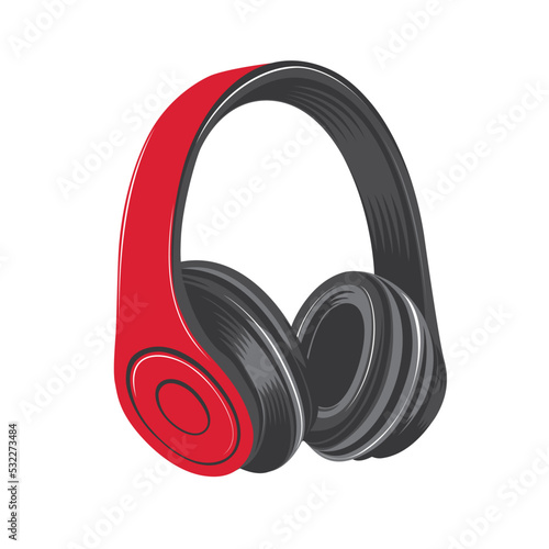 Vector illustration of wireless headphones in red, black and gray tones on a white isolated background