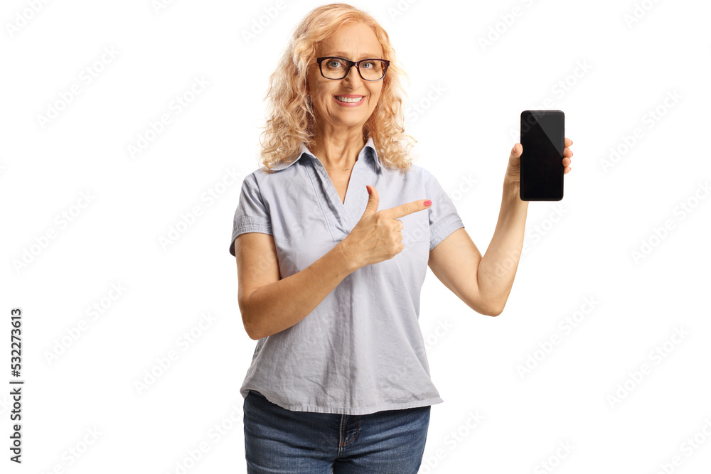 Casual mature woman holding a smartphone and pointing at the screen Casual mature woman holding a smartphone and pointing at the screen