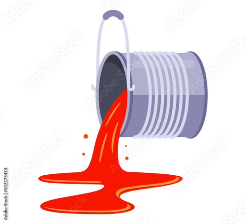 tin can with red paint. pour the paint from the can. flat vector illustration.