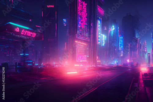 3D render of a futuristic, cyberpunk city. Neon lights. Illustration of a modern cityscape. Dystopic urban wallpaper. Landscape background