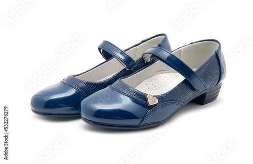 Blue shine leather girl shoes isolated on white