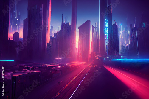 A cyberpunk city with skylines. Digital painting of a futuristic environment. Huge buildings  neon lights. Illustration of a futuristic cityscape. Dystopic urban wallpaper. Landscape background