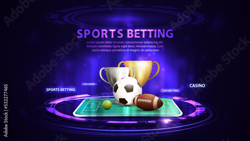 Sports betting, banner for website with football balls in smartphone on blue and pink digital podium with hologram of digital rings
