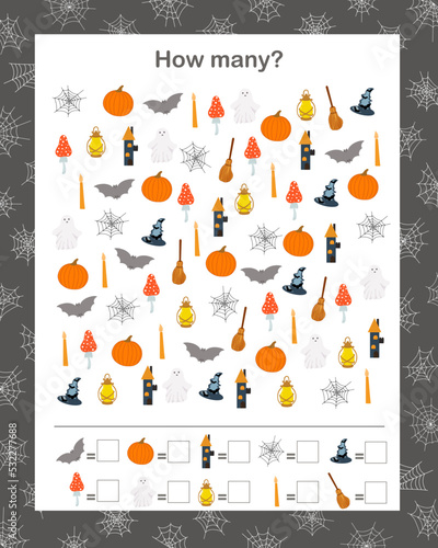 How many counting educational game for kids Halloween topical vocabulary vector illustration, educational puzzle, printable worksheet for leisure or study game, teachers resources