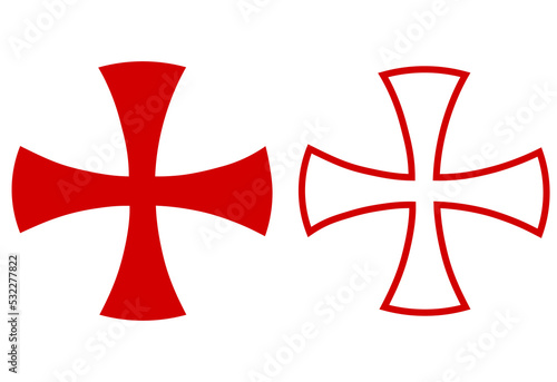 Two red medieval maltese Templar crosses. Christianity sign. Knights templar crusader symbol. Christian military order. Isolated on white background. Vector illustration. photo