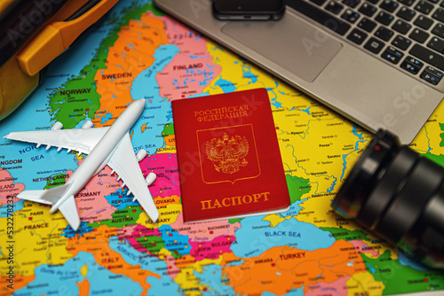 Russian Federation passport on Europe map. Travel concept.