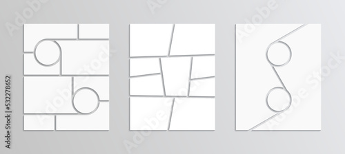 Moodboard template with circle frame. Mood board grid. Photo collage layout. Retro gallery banner. Album brandboard. Portfolio images isolated on gray background. Vector illustration