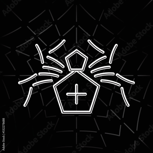 Spider with Pentagon Shape Cephalothorax and Abdomen Single Inverted Style Icon as Halloween Holidays Decoration Template - White on Black Web Background - Flat Graphic Design