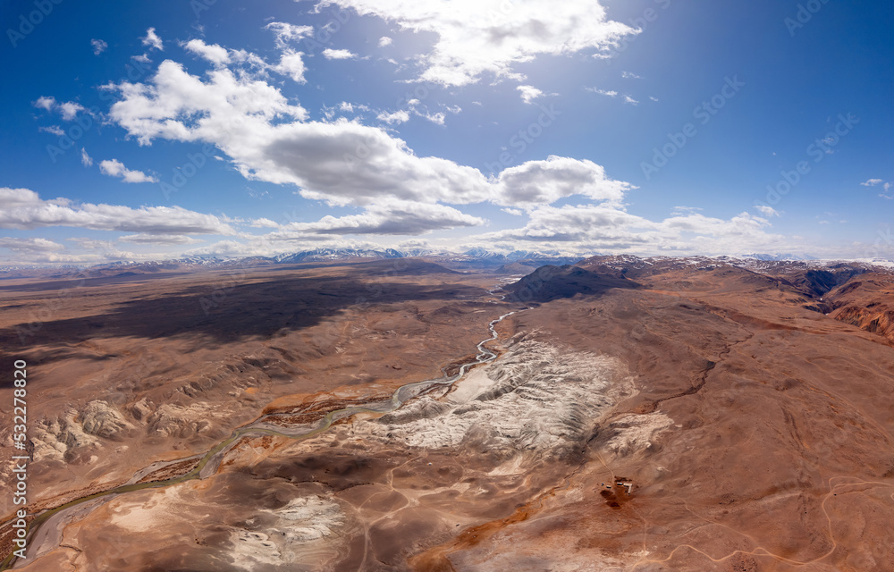 Landscape winding river and mountains Altai Republic Russia, white sand in Moon valley, aerial top view sunny day