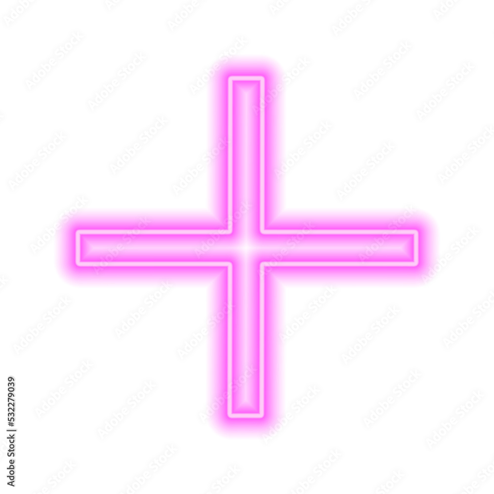 Obraz premium Pink neon cross isolated on white. One object. Plus sign