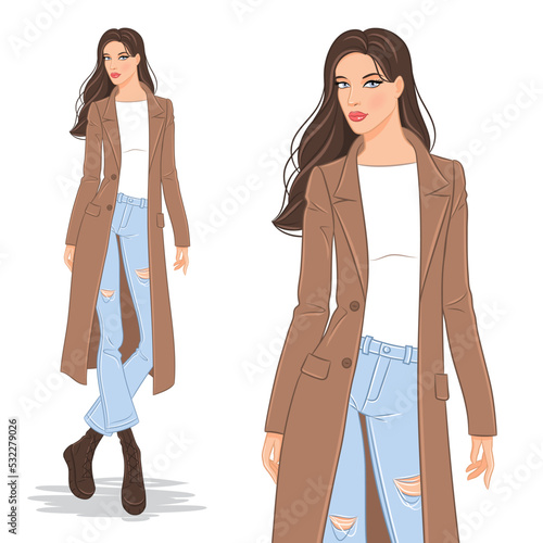 Vector flat fashion illustration of a beautiful stylish young woman wearing a coat and jeans. Fashion model, isolated on white background.