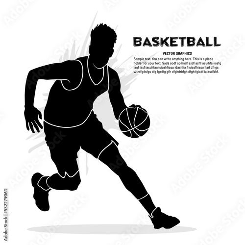 Silhouette of male basketball player running with ball isolated on white background