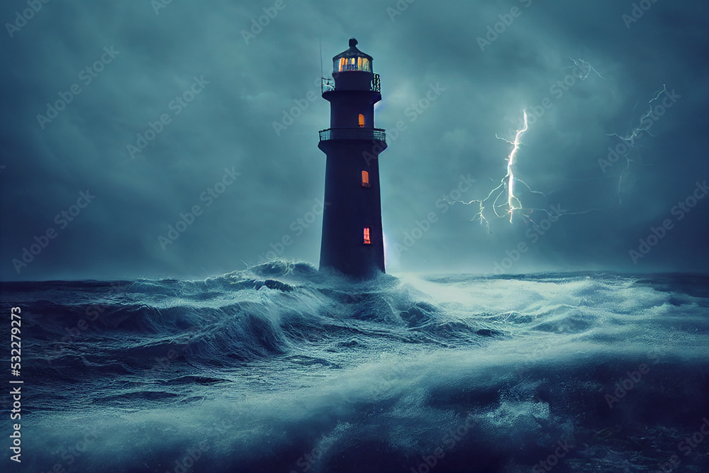 eerie haunted halloween lighthouse during a storm digital concept illustration, created with generative ai