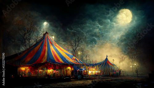 halloween haunted circus at night, created with generative ai photo