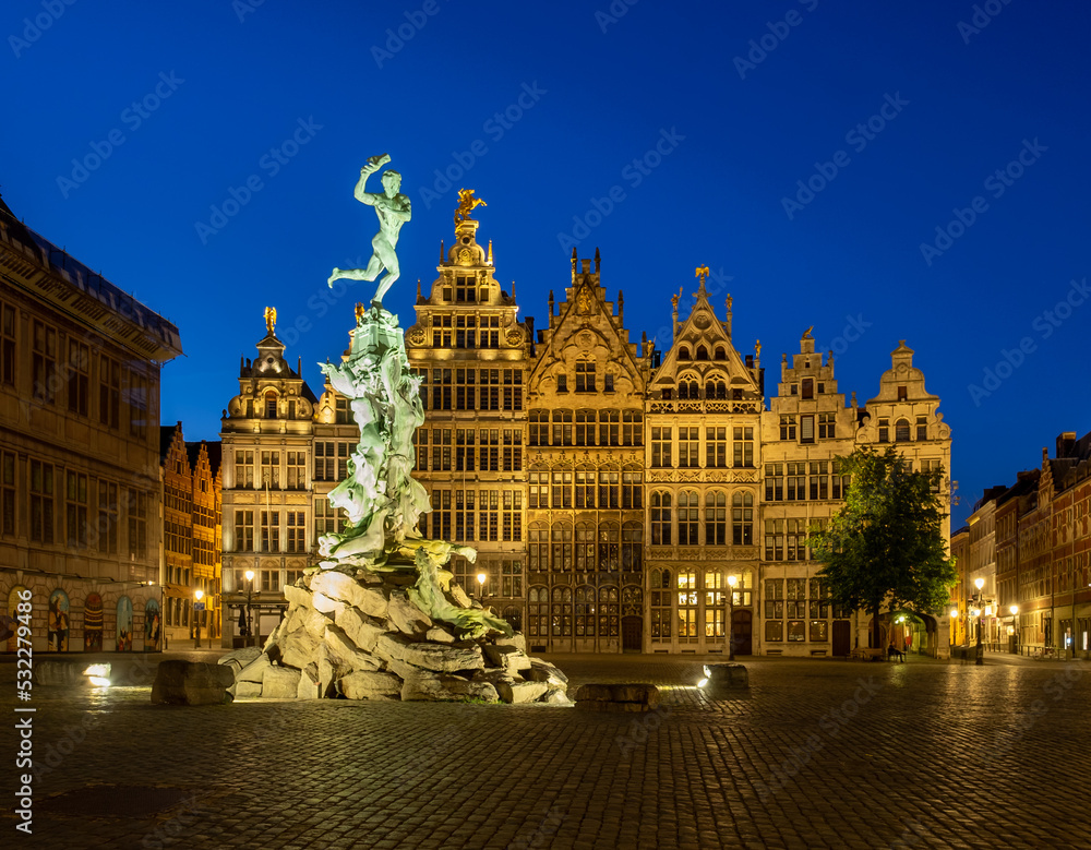 Brabo fountain at the Grote Markt square after sunset in Antwerp, Belgium