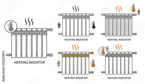 Central heating radiator battery, heat system in house room, metal home wall heater line icon set. Warmth convector. Warm tube for control air temperature apartment in winter. Thermal equipment vector