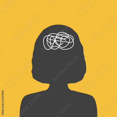 Woman with messy line in her head - metaphor of chaotic, rapid, racing thoughts. Poster of concentration difficulty, anxiety disorders, OCD, ADHD and other mental illness.