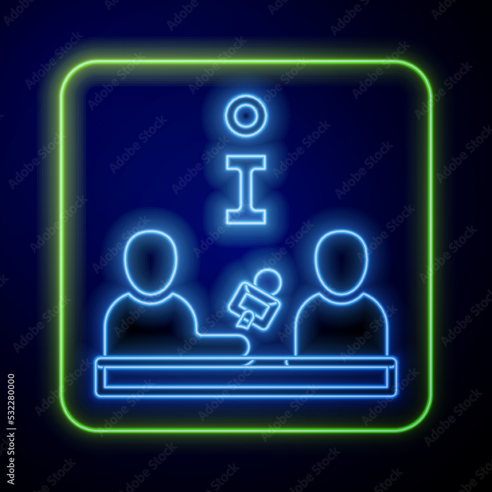 Glowing neon Interview with a famous person icon isolated on blue background. Television or internet broadcast where a journalist talks to a celebrity. Vector Glowing neon Interview with a famous person icon isolated on blue background. Television or internet broadcast where a journalist talks to a celebrity. Vector