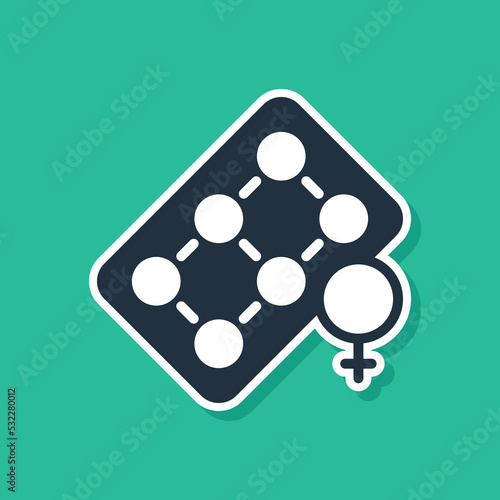 Blue Packaging of birth control pills icon isolated on green background. Contraceptive pill. Vector