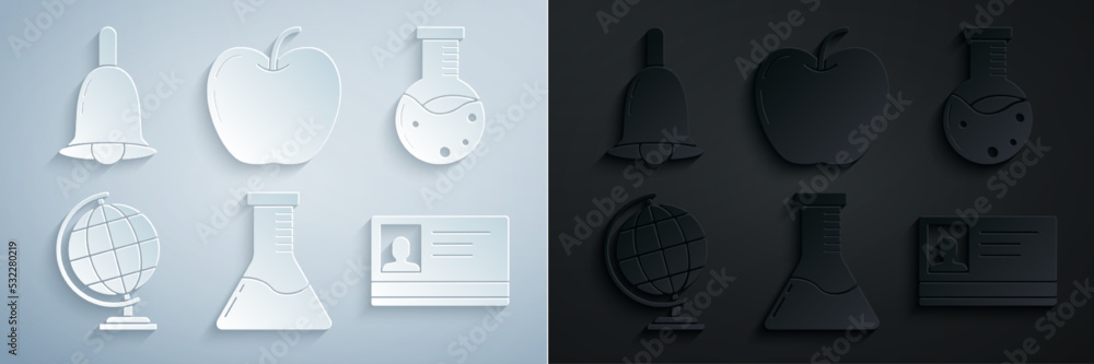 Set Test tube and flask chemical laboratory, Earth globe, Identification badge, Apple and Ringing bell icon. Vector Set Test tube and flask chemical laboratory, Earth globe, Identification badge, Apple and Ringing bell icon. Vector
