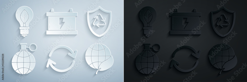 Set Refresh, Recycle symbol inside shield, Planet earth and a recycling ...
