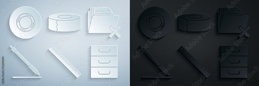 Set Ruler, Delete folder, Pen line, Drawer with documents, Scotch and icon. Vector Set Ruler, Delete folder, Pen line, Drawer with documents, Scotch and icon. Vector