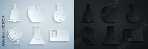 Set Test tube and flask chemical laboratory, Earth globe, Identification badge, Apple and Ringing bell icon. Vector