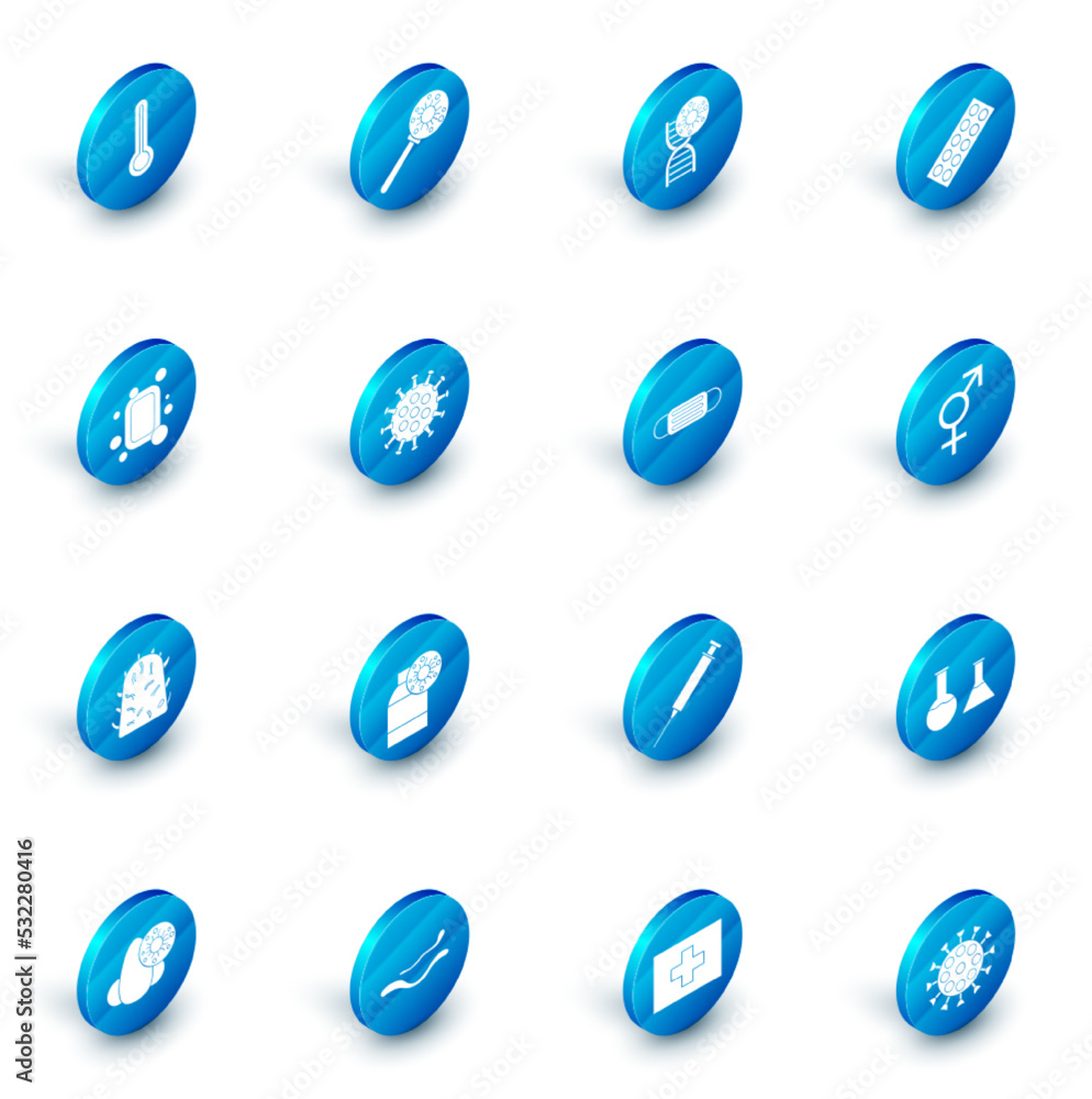 Set Virus under magnifying glass, DNA symbol and virus, Pills blister pack, Bar of soap, Rabies, Gender and Medical protective mask icon. Vector Set Virus under magnifying glass, DNA symbol and virus, Pills blister pack, Bar of soap, Rabies, Gender and Medical protective mask icon. Vector