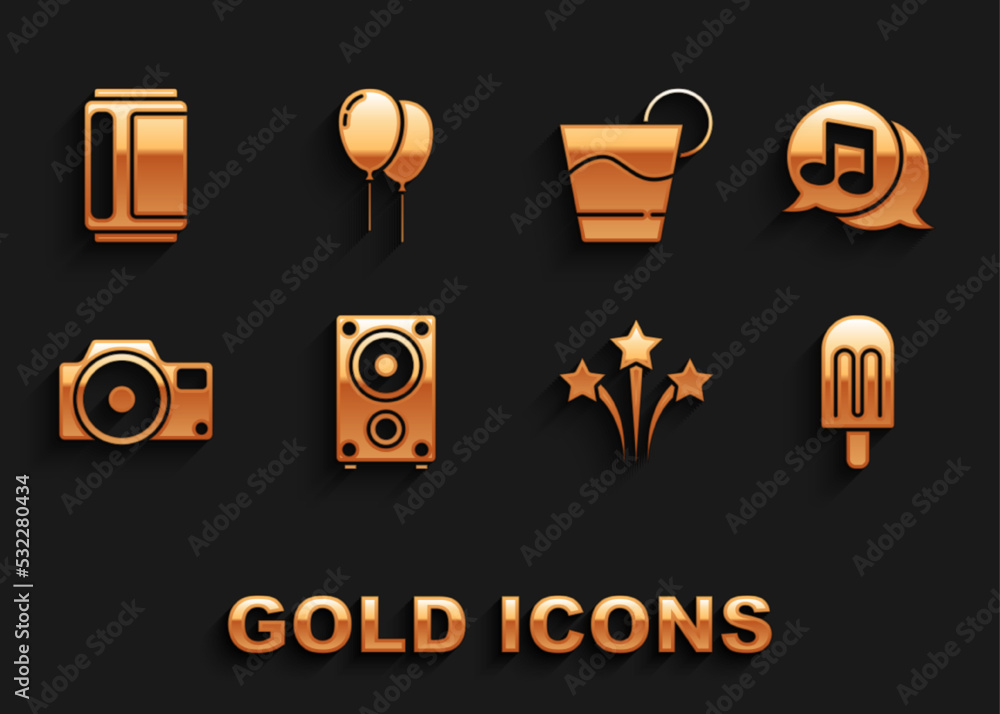 Set Stereo speaker, Musical note in speech bubble, Ice cream, Firework, Photo camera, Cocktail, Beer can and Balloons with ribbon icon. Vector Set Stereo speaker, Musical note in speech bubble, Ice cream, Firework, Photo camera, Cocktail, Beer can and Balloons with ribbon icon. Vector