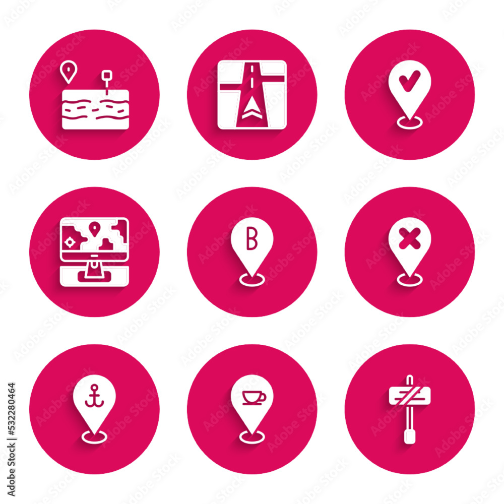 Set Location, with coffee cup, Road traffic sign, cross mark, anchor, Monitor location marker, check and Broken road icon. Vector Set Location, with coffee cup, Road traffic sign, cross mark, anchor, Monitor location marker, check and Broken road icon. Vector